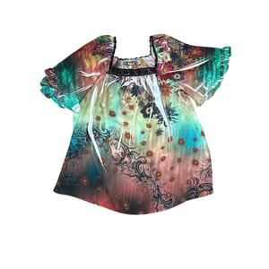 NY Collection Women 2X Floral Peasant Blouse Sheer Boho Ruffle Sleeve Tunic Top